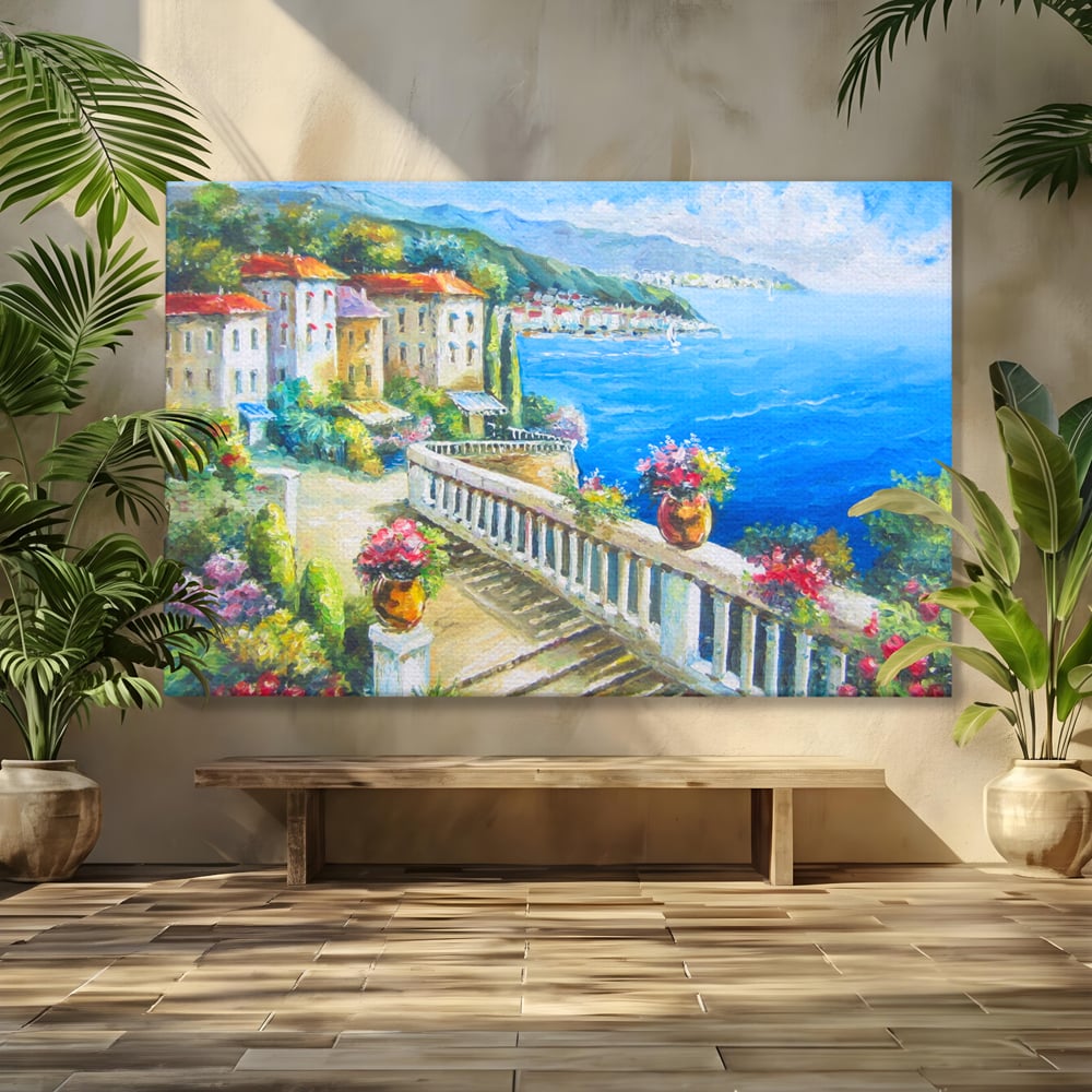 Tablou canvas cu pictura case pe malul marii, fara rama, pe sasiu de lemn